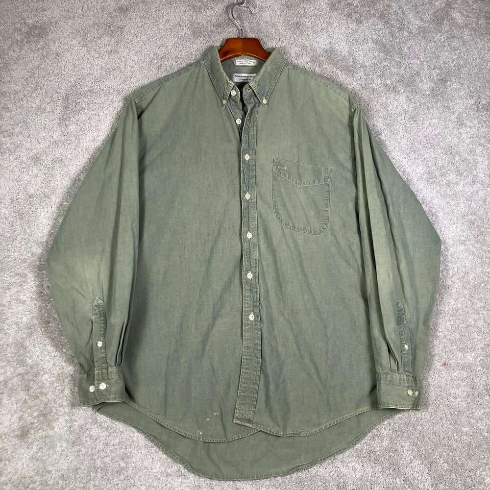Vintage 80s Abercrombie & Fitch Chambray Button Up Shirt Mens L Green Cotton